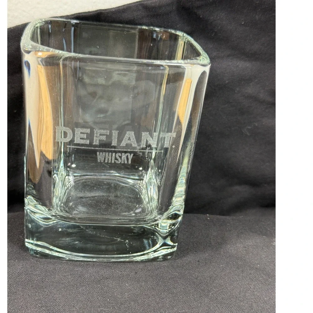 Defiant Whisky Square Rocks Glass Etched Logo Clear Heavy Base Barware 4in